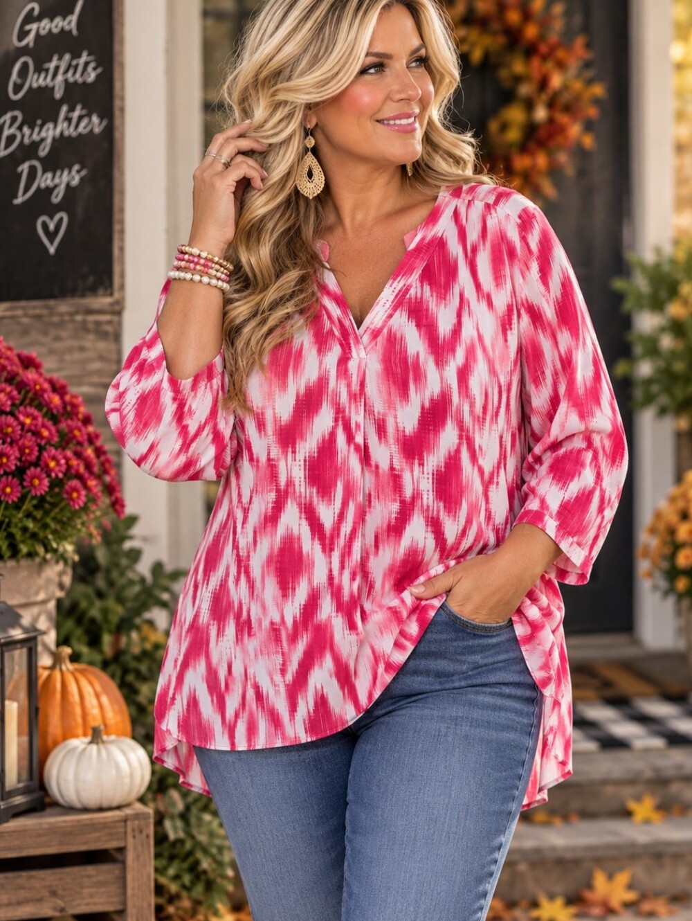 a.n.a 2X Pink White Abstract Print High Low Tunic Blouse 3/4 Sleeve